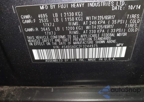 2015 Subaru Outback 2.5I Premium z USA, uszkodzony, nr VIN 4S4BSADC2F3244975